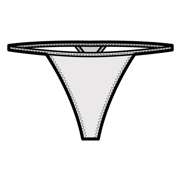 Ilustración de moda técnica de cuerda en V con subida de cintura baja, sin cobertura de caderas, cintura elástica. Bikini plano lencería - Vector, imagen