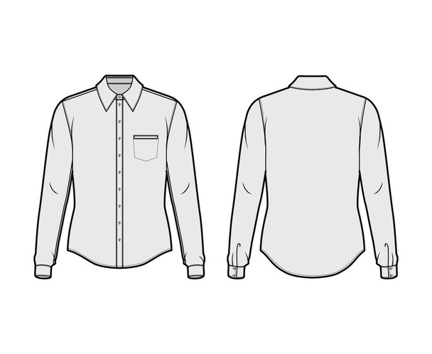 Классическая рубашка с длинными рукавами с манжетой, передней пуговицей, воротником, карманом - Вектор,изображение