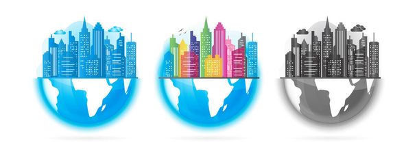 Cityscape Illustration with Earth Globe Set in Blue, Colorful and Black Color - Vector, Image