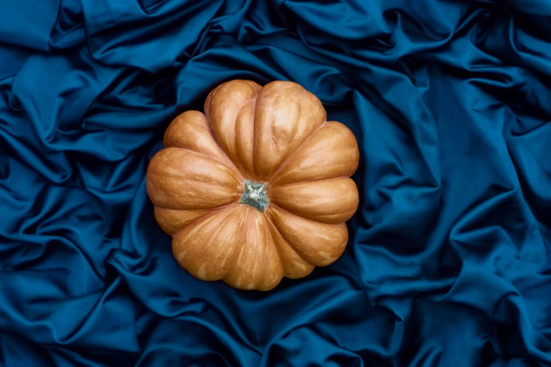 Golden pumpkin on blue silk background for fashion decorative design. Harvest and thanksgiving. Still life minimalism. - Zdjęcie, obraz