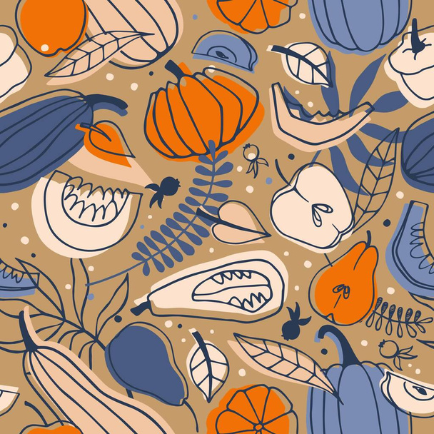 Seamless vector pattern with bright pumpkins on a brown background. For wallpaper, wrapping paper, textiles, postcards, web page backgrounds, interior decor, menus. Cartoon design - Vettoriali, immagini