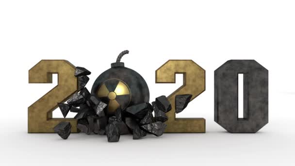 3D animatie van de datum 2020 die vernietigd wordt door een oud projectiel met een stralingsbord. De datum van het nieuwe jaar 2021 verschijnt. - Video