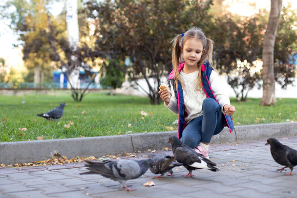 girl in the park feeding pigeons - Foto, Imagem