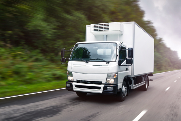 Beyaz teslimat kamyonu yolda ilerliyor. Konsept: kargo yolu taşımacılığı, kamyon teslimatı, taşınma, lojistik tema, logo ücretsiz  - Fotoğraf, Görsel