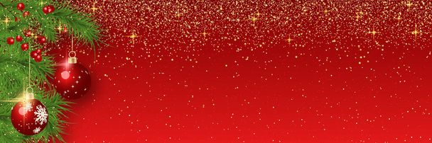 Christmas and New Year vector banner template. Red gradient background with stars, glitter effect and winter decor - ベクター画像