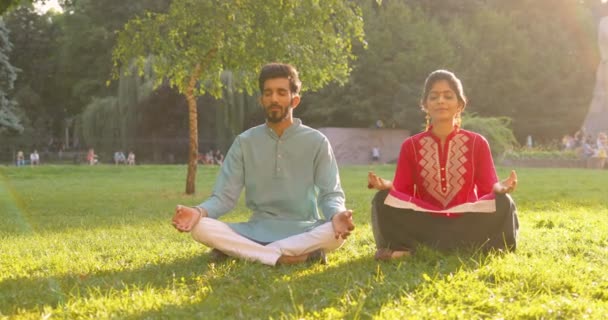 Hindoe paar man en vrouw zitten in lotus poseren op groen gras en mediteren. Mannelijke en vrouwelijke yogi 's in traditionele kleding in het park op zonnige dag met meditatie. Yoga outdoor in de zomer in India. - Video