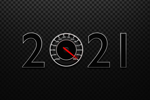 Ilustración 3D cerrar velocímetro negro con recortes 2020,2021 y meses calendario. El concepto del nuevo año y la Navidad en el sector del automóvil. Contando meses, tiempo hasta el nuevo sí - Foto, imagen