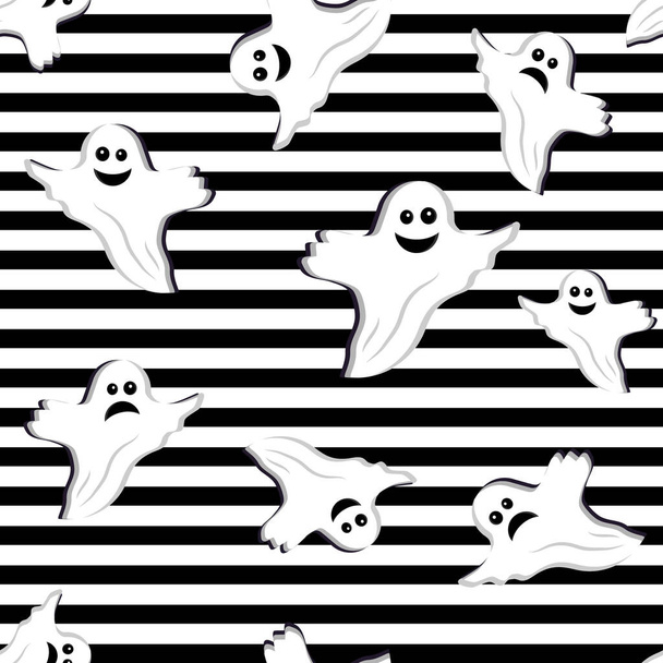 Ghost pattern Halloween Ghost on black and white striped background, vector illustration in flat style, print, texture, textile, design, decoration, background, Wallpaper - Вектор,изображение