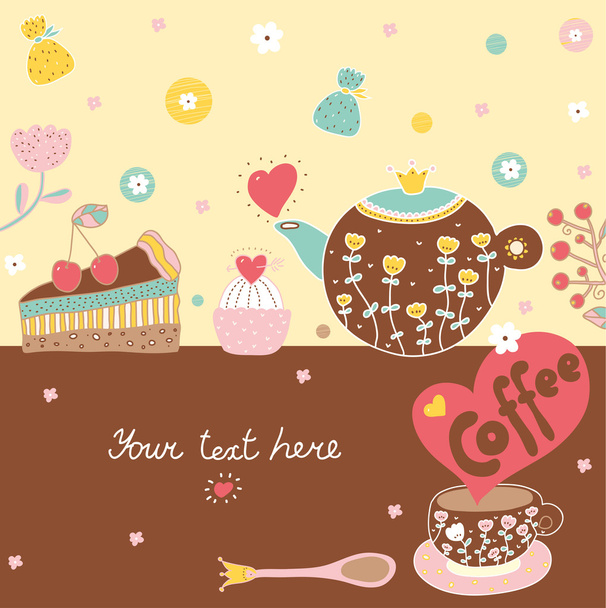 Sweetheart postcard with sweets and coffe. - Vetor, Imagem