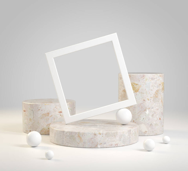 Коллекционный набор пустой ступенчатый цилиндр Каменный подиум с белой рамкой Абстрактный фон Сцена 3d рендер - Фото, изображение