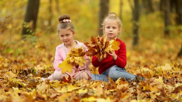 İki küçük kız bir buket sonbahar yaprağı topluyor. - Video, Çekim