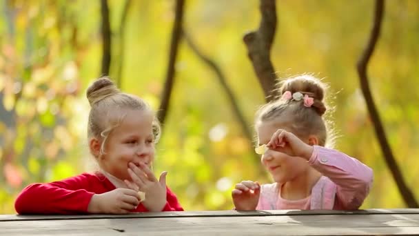 dvě malé holčičky jedí hranolky v podzimním parku - Záběry, video