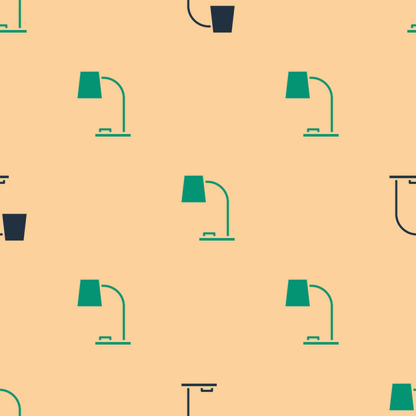 Icono de lámpara de mesa verde y negro aislado patrón sin costura sobre fondo beige. Lámpara de oficina. Ilustración vectorial. - Vector, Imagen