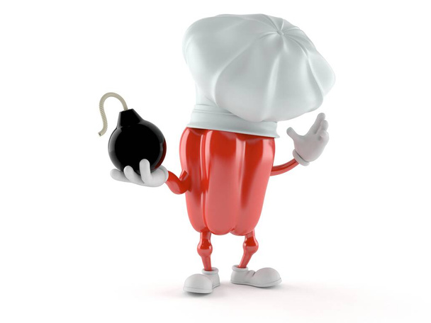 Personagem de pimenta vermelha segurando bomba isolada no fundo branco. ilustração 3d - Foto, Imagem