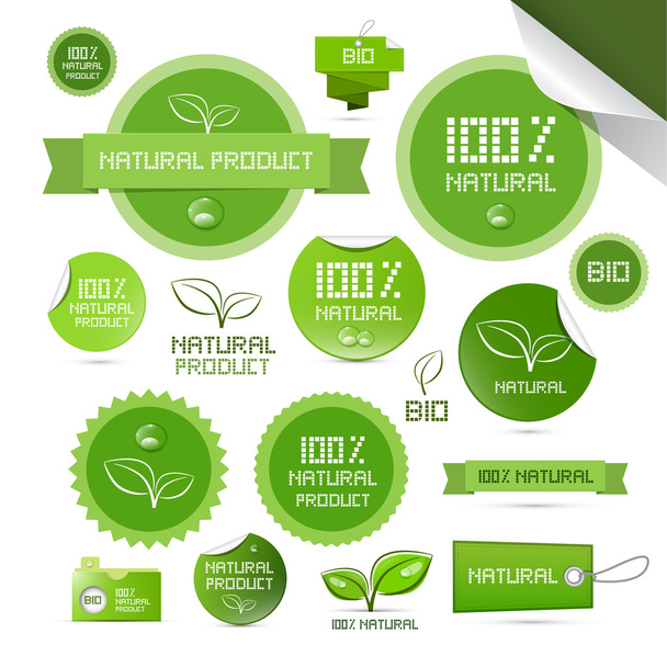 Зеленые этикетки природного продукта - Тэги - Набор стикеров
 - Вектор,изображение