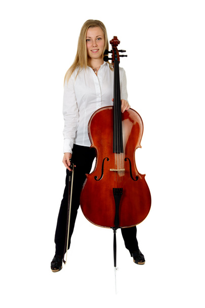 Jovem violoncelista filho branco fundo
 - Foto, Imagem