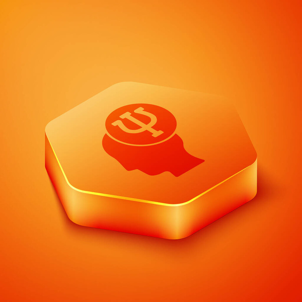 Isometric Psychology icon isolated on orange background. Psi symbol. Mental health concept, psychoanalysis analysis and psychotherapy. Orange hexagon button. Vector. - Vector, Image