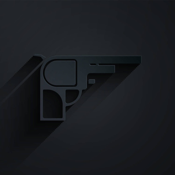 Paper cut Revolver gun icon isolated on black background. Paper art style. Vector. - Вектор, зображення