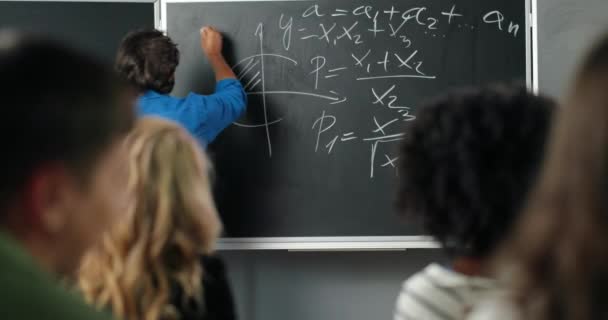 Rear op blanke mannelijke leraar het schrijven van wiskunde wetten en formules op schoolbord in de klas. Achteraanzicht op een docent die wiskunde of natuurkunde aan studenten uitlegt. Universiteitsstudie. - Video