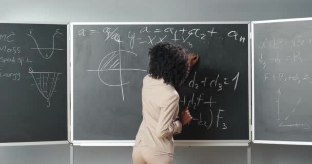 Zadní část Afroameričanky mladé učitelky matematiky nebo fyziky psaní vzorců na tabuli s křídou. Školní lektorka se obrací k fotoaparátu a vysvětluje matematiku. Zadní pohled. - Záběry, video