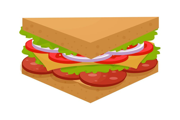 Gustoso, delizioso sandwich triangolo, colorato e dettagliato isolato su sfondo bianco. Salame, foglie verdi, pomodoro, formaggio e cipolla. - Vettoriali, immagini