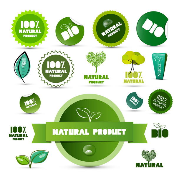 Natural Product Green Labels - Tags - Stickers Set Isolated on White Background - Vector, Image