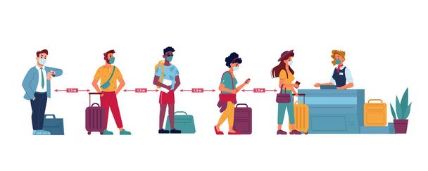 Repülőtéri sor, útlevél ellenőrzés, szociális távolság - Vektor, kép