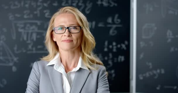 Portret van een glimlachende mooie lerares met een bril. Schoolbord met formules, wiskunde en natuurkunde wetten. Wiskundeles. Blanke vrouwelijke docent glimlachend naar camera op school. Onderwijsconcept - Video