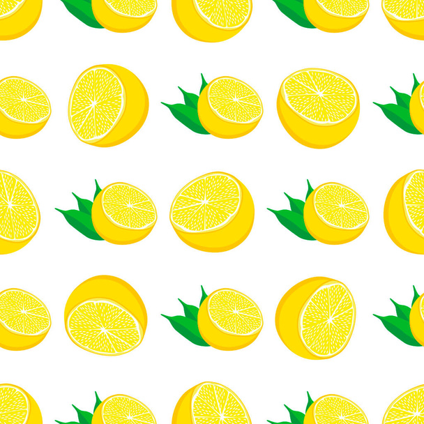 Ilustración sobre el tema de color grande sin costura limón amarillo, patrón de fruta brillante para el sello. Patrón de fruta que consta de limón hermoso sin costura repetición. Fruta de patrón colorido simple de limón sin costura. - Vector, Imagen