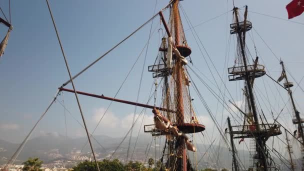On the deck of a sailing ship, looking up at the main mast and rigging. - Footage, Video