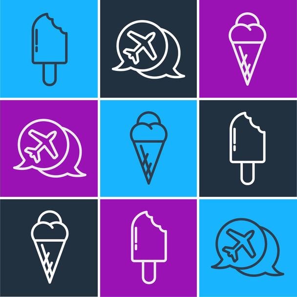 Set line Ice cream, Ice cream in waffle cone and Speech bubble with airplane icon. Vector. - Vector, Image