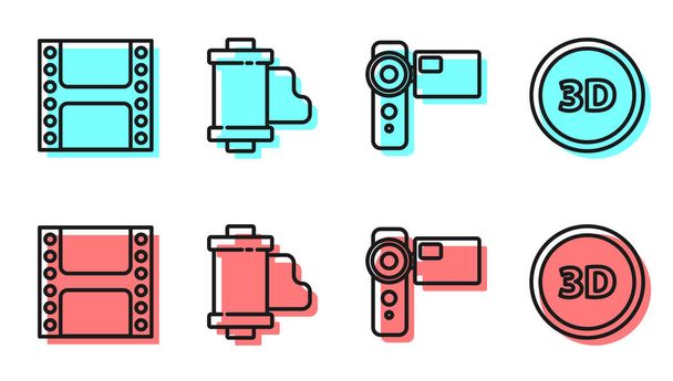 Set line Cinema camera, Play Video, Camera vintage film roll cartridge and 3D word icon. Vector. - Vector, Image