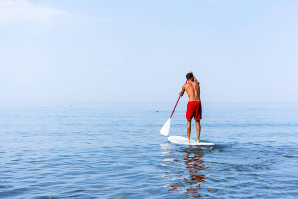 Athletic young man paddling on a sup board on the quiet sea - Stand up paddle boarder training on a rowing board on a flat calm sea - Back view and copy space for text - Fotoğraf, Görsel