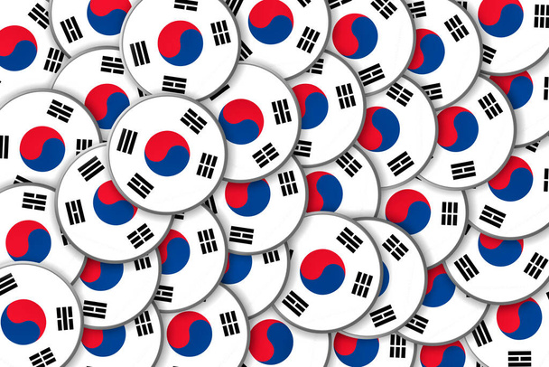 Muitos distintivos redondos com uma bandeira da Coreia. Viaja. Símbolos. - Foto, Imagem
