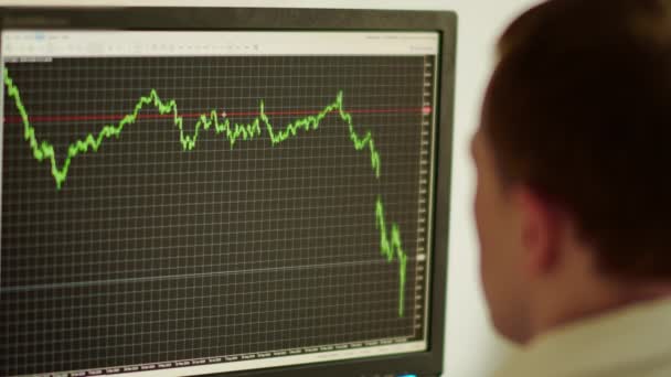 Man zit achter een computer monitor, aandelenhandel, financiële crisis - Video