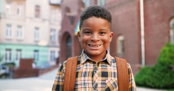 Portret van vrolijke leuke schooljongen glimlachend naar de camera. Close-up van vrolijke schattige Afro-Amerikaanse tiener kind met rugzak in goede stemming buiten. Positieve emotie. Mannelijke junior student Emoties concept - Video