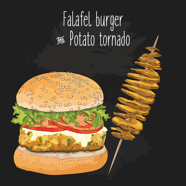Kézzel rajzolt színes falafel burger és tornádó burgonya sült krumpli. - Vektor, kép