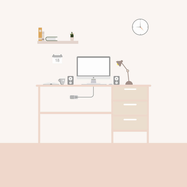 Office desk or table with computer. Business workspace or interior. Workplace in flat style. Vector illustration. - Vector, Image