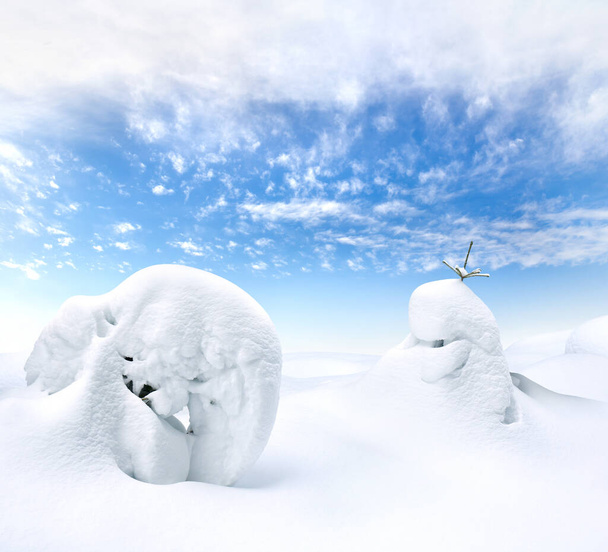 Fantastic snowy figures of spruce trees in snow on blue sky background in winter - Photo, Image