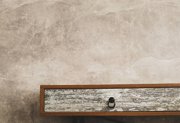 wooden table near grey wall background texture surface - Φωτογραφία, εικόνα