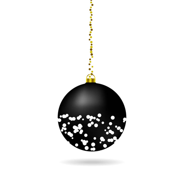 Vektorbild einer schwarzen realistischen Weihnachtskugel mit weißen Tropfen auf einem goldenen Band - Vektor, Bild