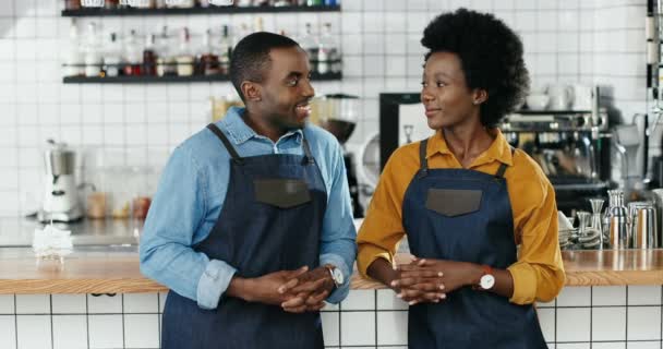 Retrato de un alegre par de camareros afroamericanos en delantales mirándose unos a otros y sonriendo a la cámara. Feliz camarero y camarera posando en la cafetería. Hombres y mujeres alegres, abogados en el trabajo. - Metraje, vídeo