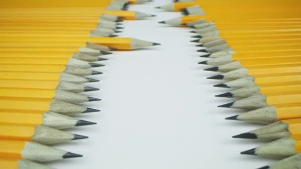 Gele potloden liggen tegenover elkaar op een rij. Macro 24 mm Laowa lens. - Video