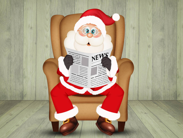 Santa Claus sitting in an armchair reads the newspaper - Fotoğraf, Görsel