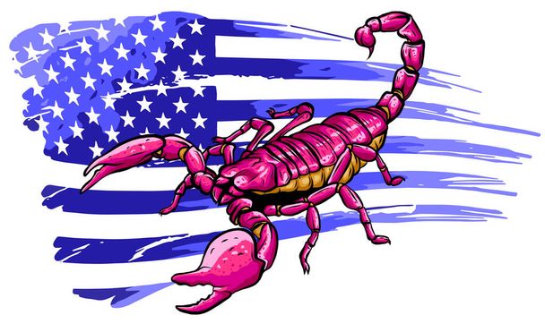 škorpión s americkou vlajkou. Vektorový kreslený obrázek zblízka. - Vektor, obrázek