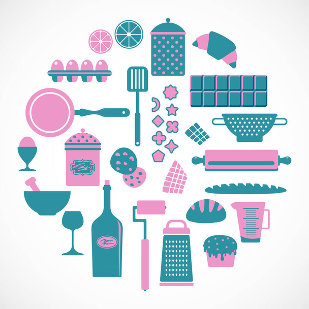food icons, kitchen equipment, bakery vector set - Διάνυσμα, εικόνα