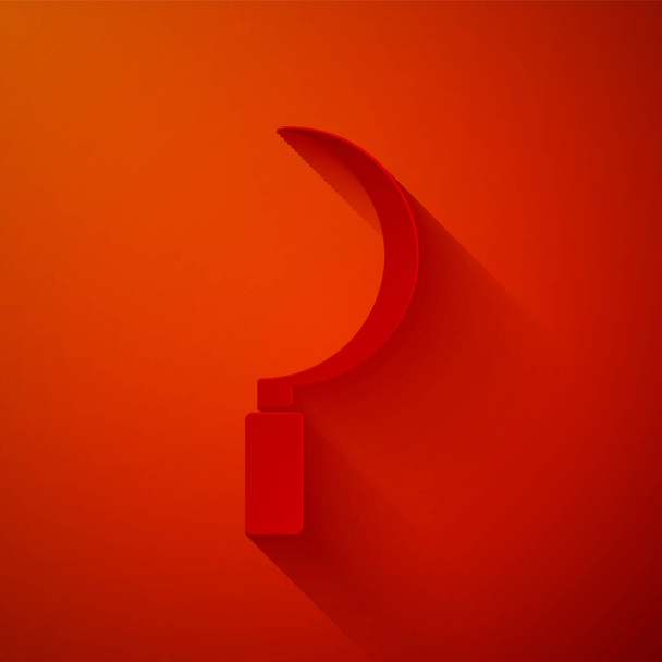 Paper cut Sickle icon isolated on red background. Reaping hook sign. Paper art style. Vector. - Vector, Image