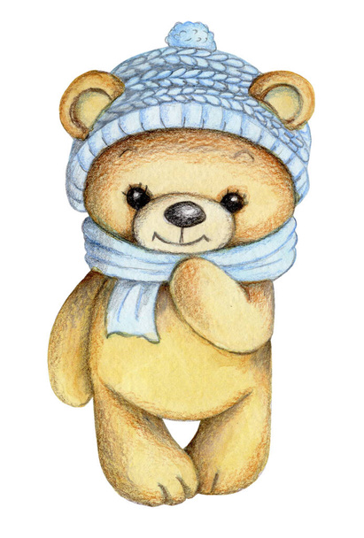 Cute cartoon fun little teddy bear, winter style. Watercolor hand drawn illustration for children. Isolated on white. - Photo, Image