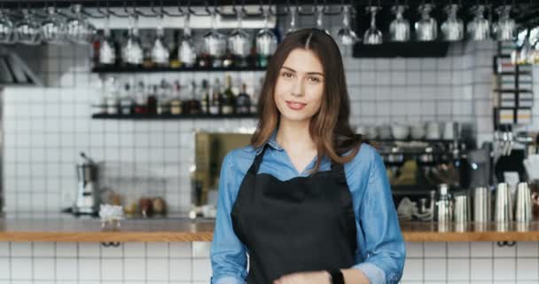 Portrait of Caucasian young happy beautiful woman barista in apron standing at counter in bar, smiling to camera and crossing hands. Waitress posing in cafe with drinks equipment on background. - Footage, Video