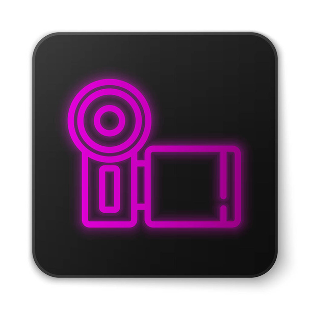 Glowing neon line Cinema camera icon isolated on white background. Video camera. Movie sign. Film projector. Black square button. Vector. - Wektor, obraz